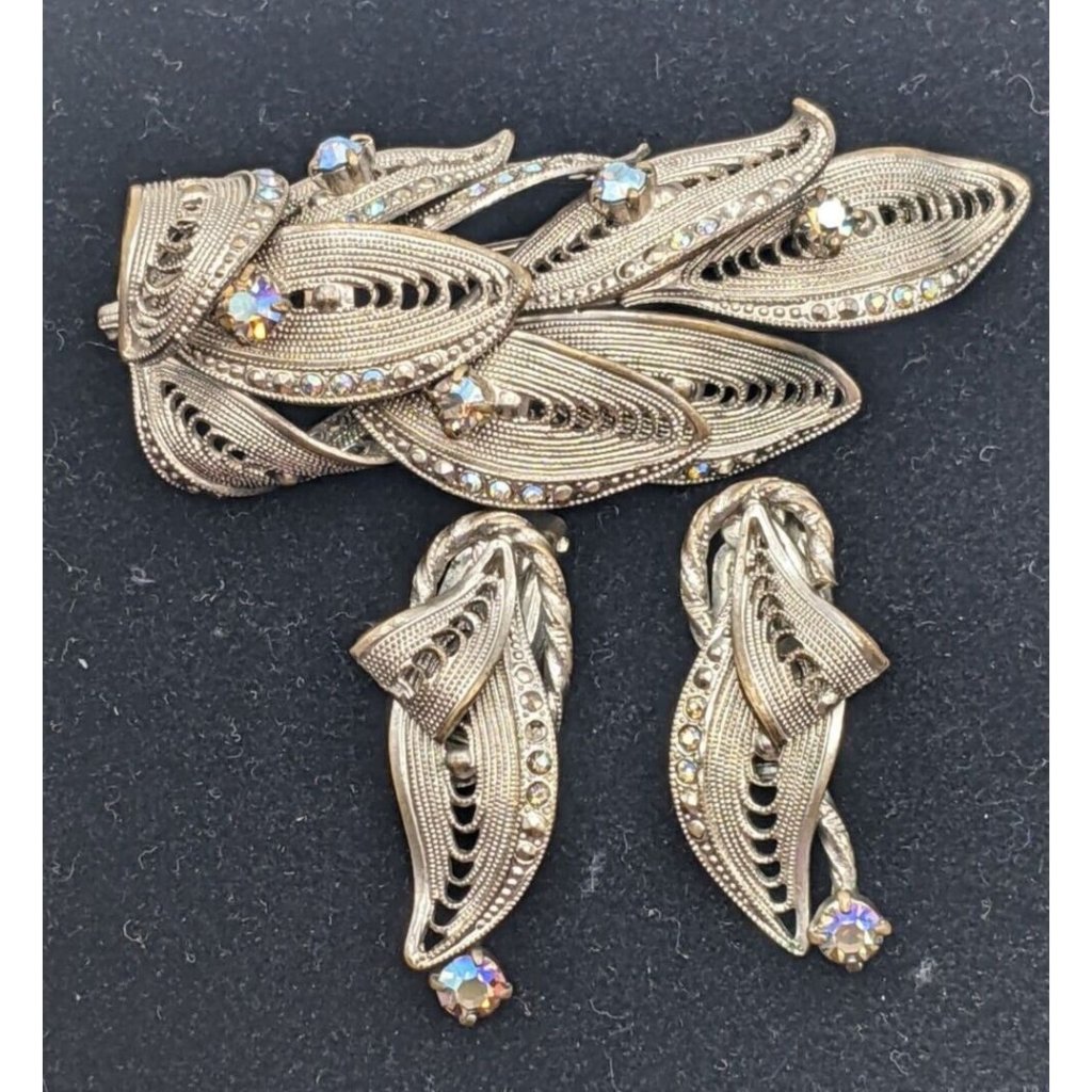 Vtg Filigree Brooch And Clip On Earring Set W Germany Silver Tone Ab Rhinestones